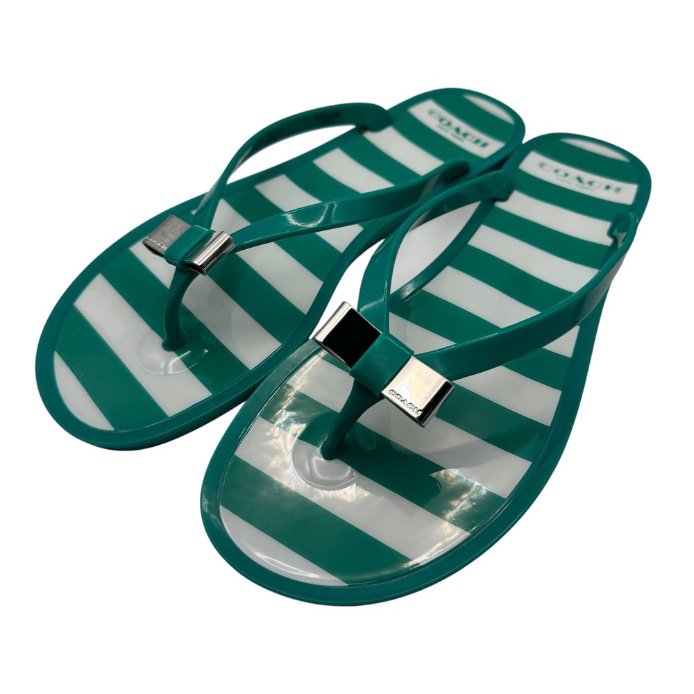 Coach Womens Landon Jelly Thong Flip Flop Sandals Size 7 Jade Green White Bow